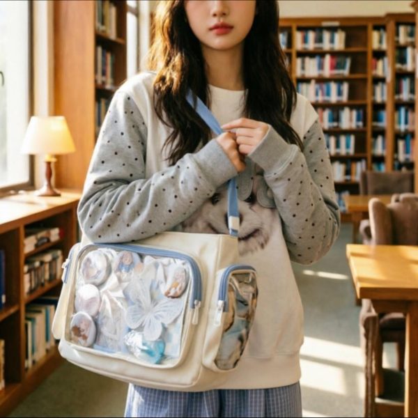 Black Kawaii Ita Messenger Bag with Clear Window for Plushies and Pins — ita bag detail view