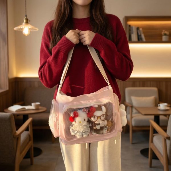 Black Kawaii Ita Messenger Bag with Clear Window for Plushies and Pins — ita bag detail view
