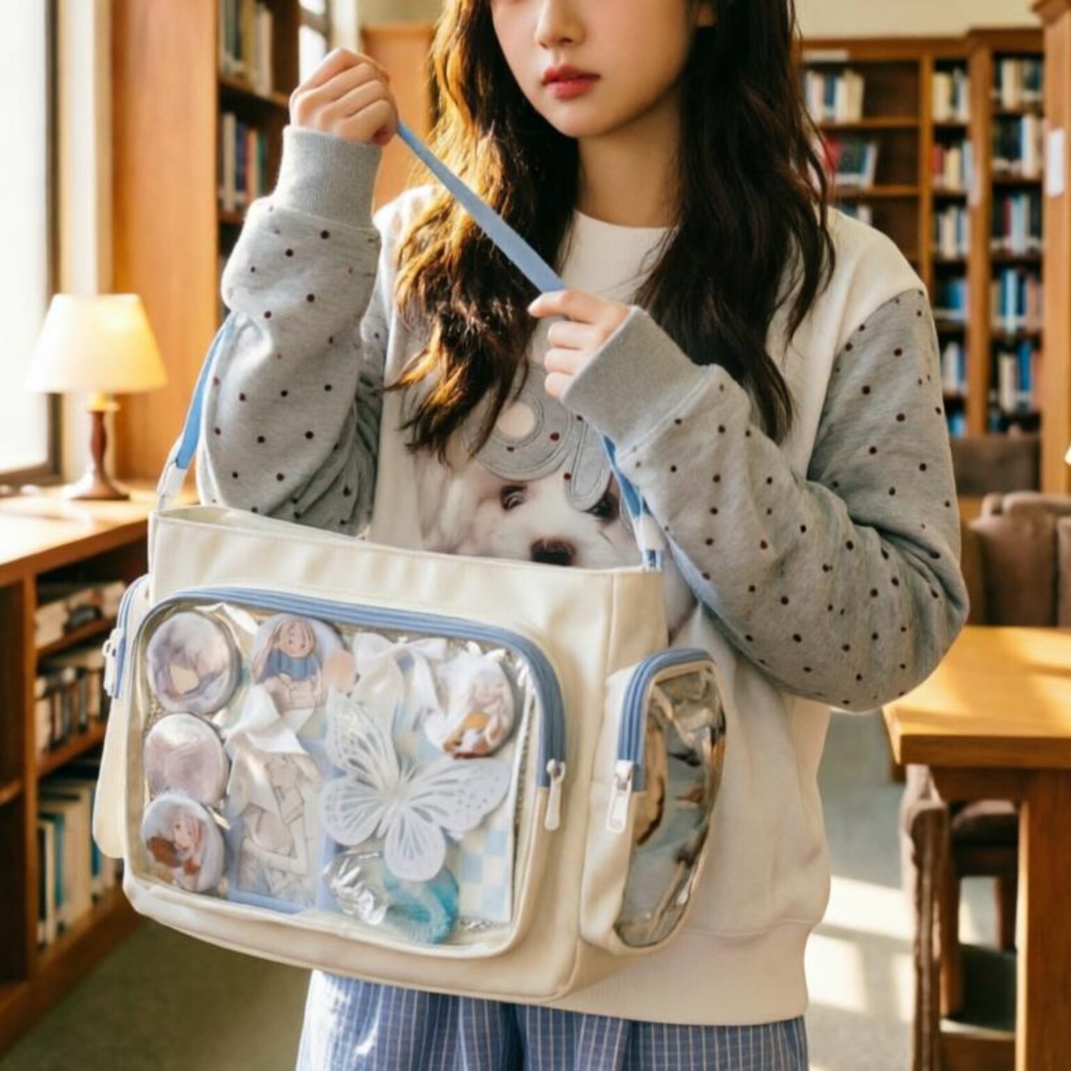 Black Kawaii Ita Messenger Bag with Clear Window for Plushies and Pins Black Kawaii Ita Messenger Bag with Clear Window for Plushies and Pins — ita bag detail view
