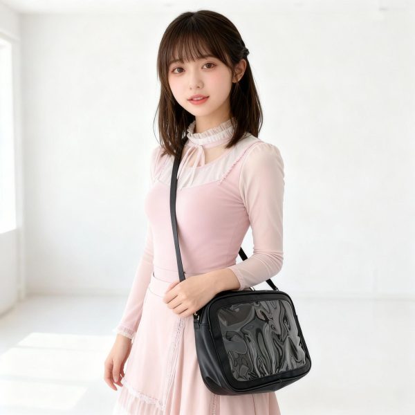 Black Kawaii Ita Shoulder Bag with Clear Window for Pin Display — crossbody ita bag detail view