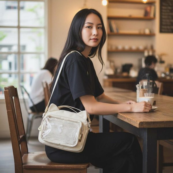 Black Kawaii Ita Shoulder Bag with Clear Window for Pin Display — crossbody ita bag detail view