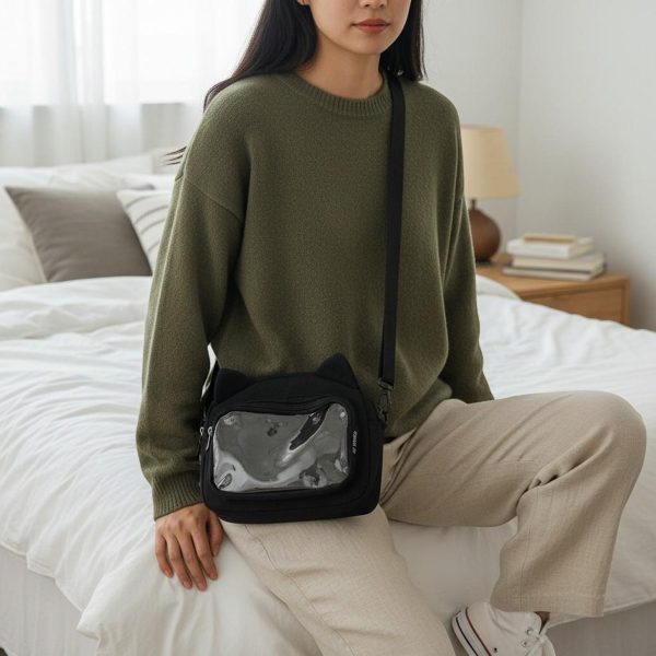 Black Kawaii Ita Shoulder Bag with Clear Window for Pin Display — crossbody ita bag detail view