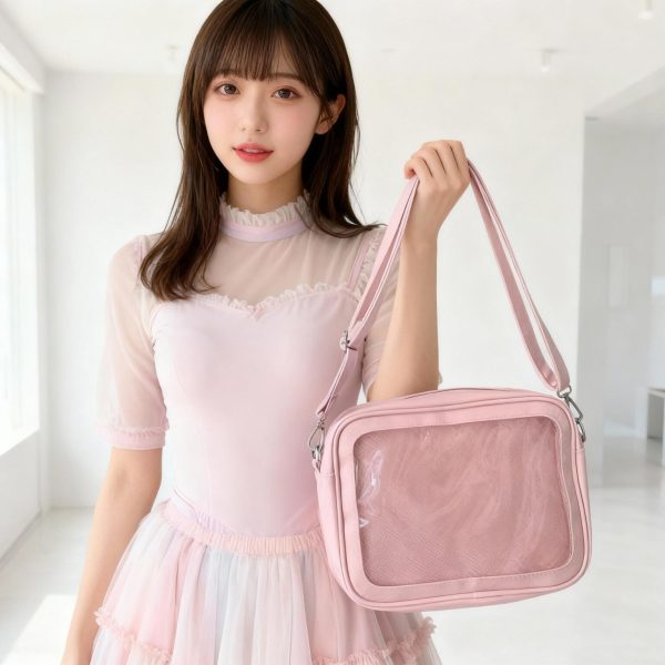 Black Kawaii Ita Shoulder Bag with Clear Window for Pin Display — crossbody ita bag with clear display window