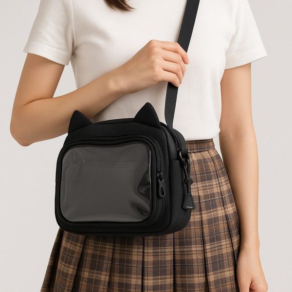 Black Kawaii Ita Shoulder Bag with Clear Window for Pin Display — crossbody ita bag with clear display window