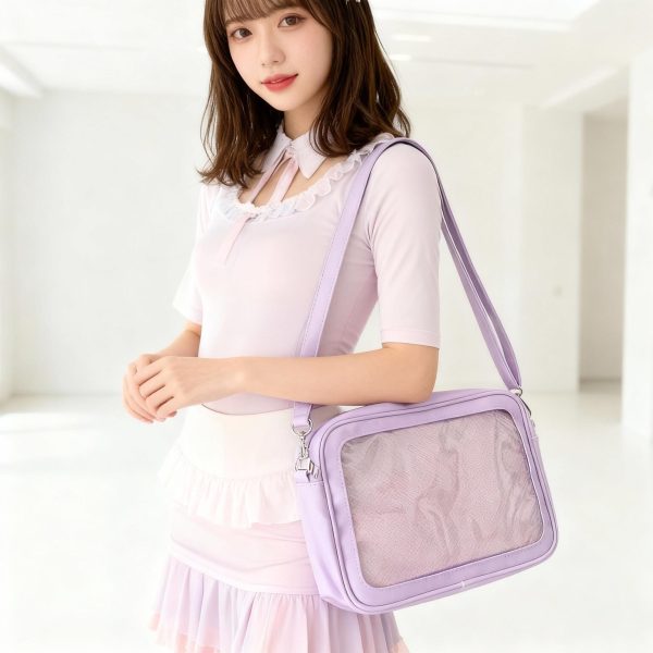 Black Kawaii Ita Shoulder Bag with Clear Window for Pin Display — crossbody ita bag detail view