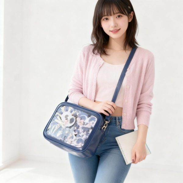 Black Kawaii Ita Shoulder Bag with Clear Window for Pin Display — crossbody ita bag detail view