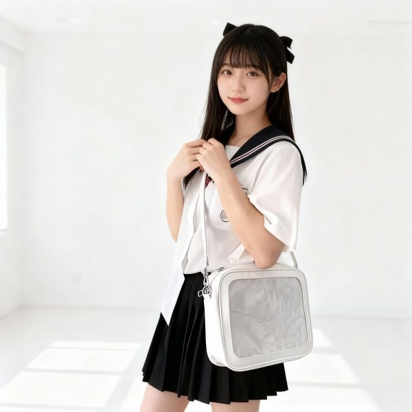 Black Kawaii Ita Shoulder Bag with Clear Window for Pin Display — crossbody ita bag detail view