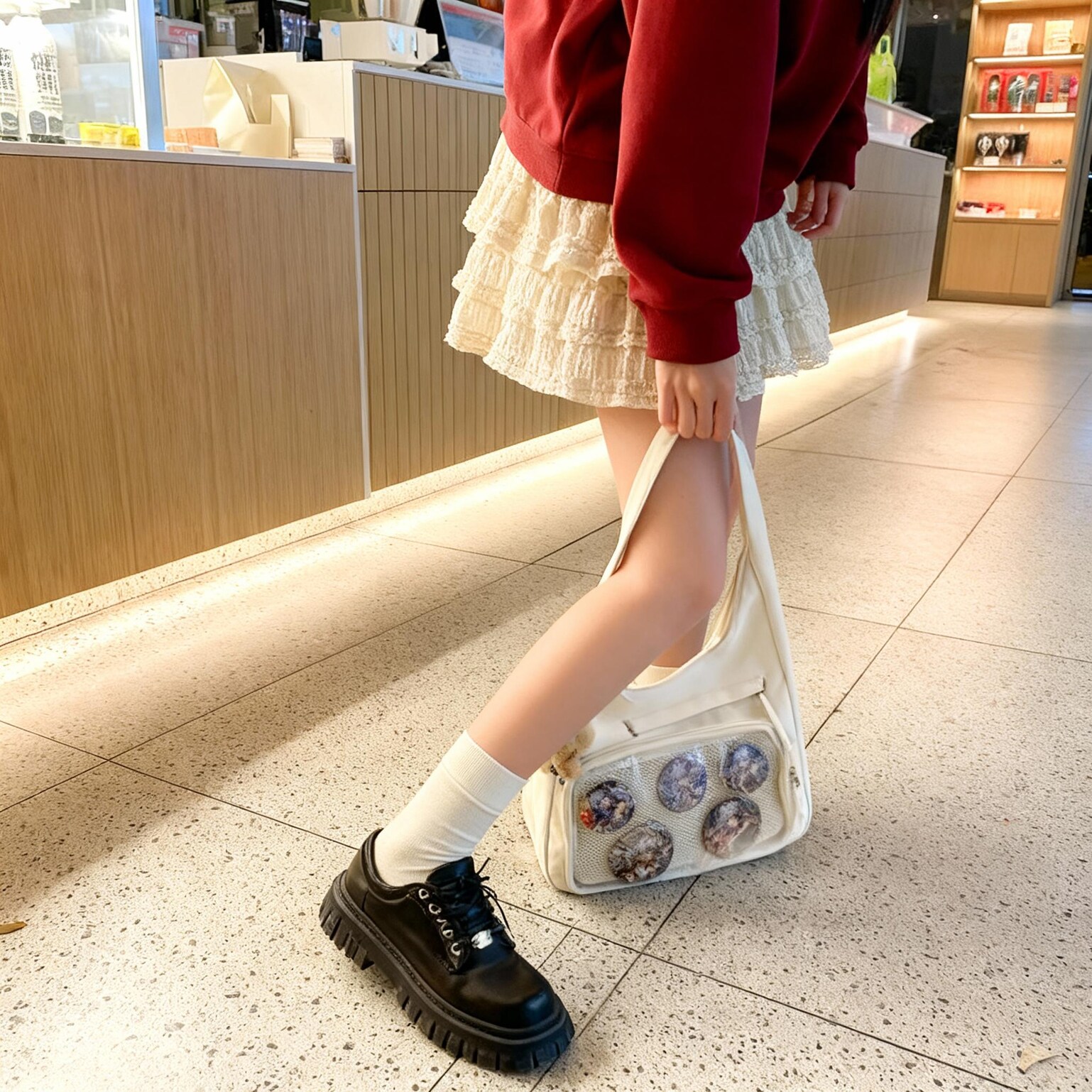 Black Kawaii Ita Shoulder Bag with Clear Window for Plushies and Pins Black Kawaii Ita Shoulder Bag with Clear Window for Plushies and Pins — crossbody ita bag detail view