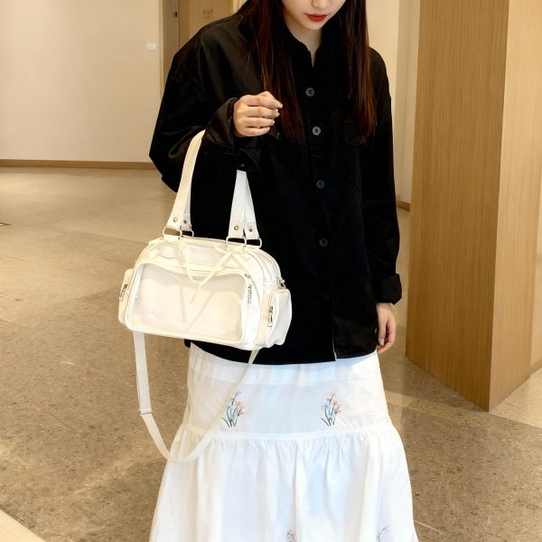 Black Kawaii Ita Shoulder Bag with Clear Window for Plushies and Pins — crossbody ita bag detail view