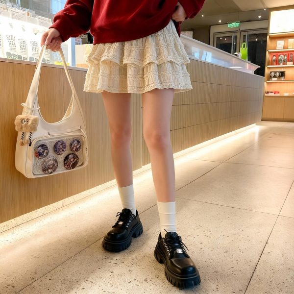 Black Kawaii Ita Shoulder Bag with Clear Window for Plushies and Pins — crossbody ita bag detail view