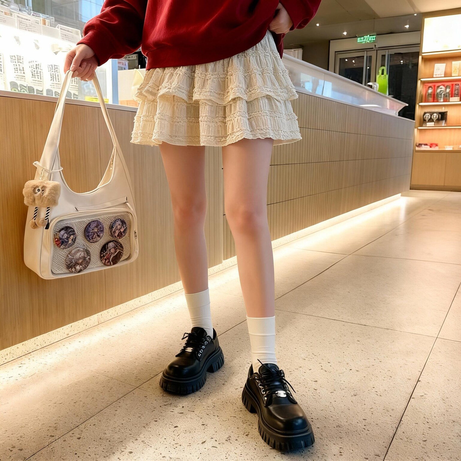 Black Kawaii Ita Shoulder Bag with Clear Window for Plushies and Pins Black Kawaii Ita Shoulder Bag with Clear Window for Plushies and Pins — crossbody ita bag detail view