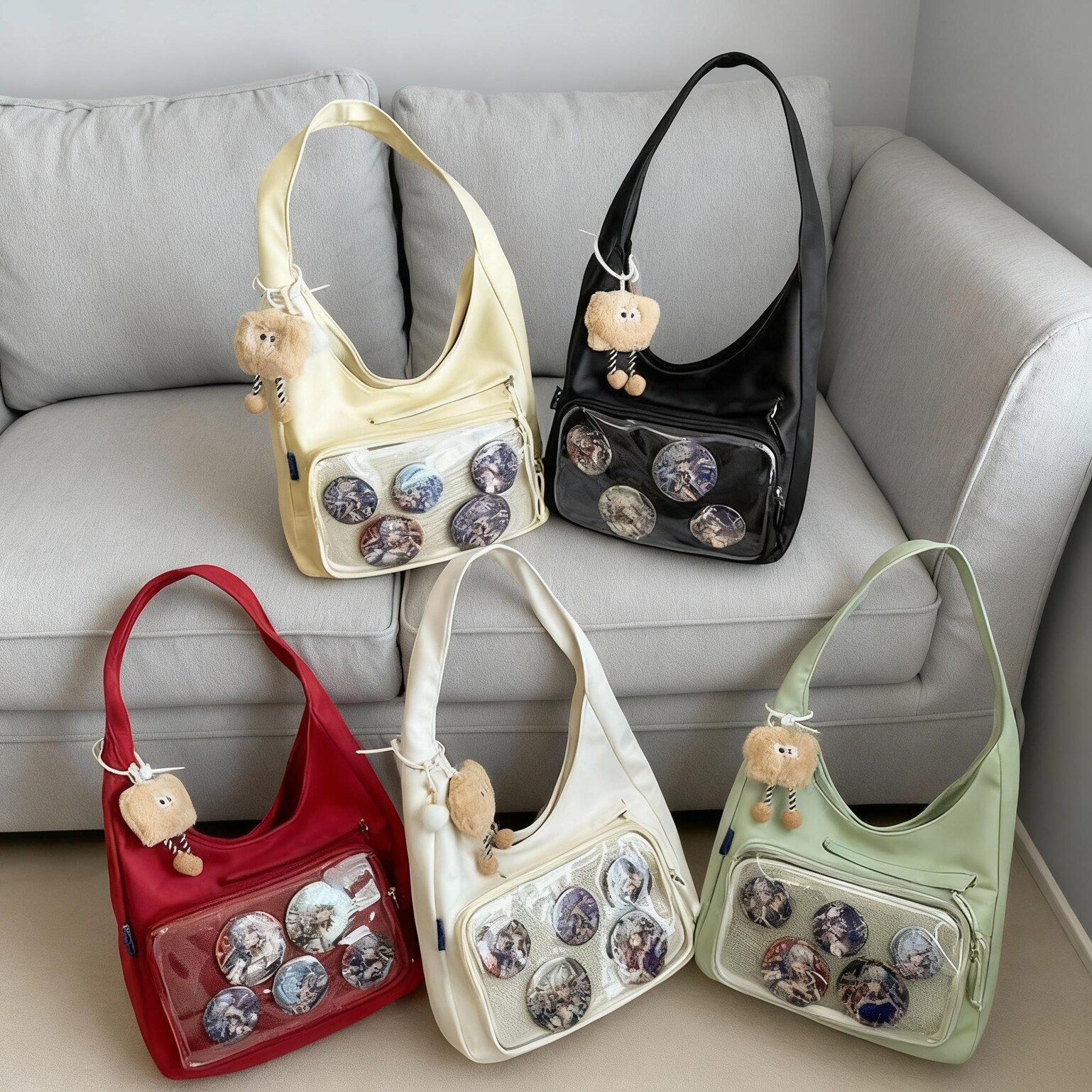 Black Kawaii Ita Shoulder Bag with Clear Window for Plushies and Pins Black Kawaii Ita Shoulder Bag with Clear Window for Plushies and Pins — crossbody ita bag detail view