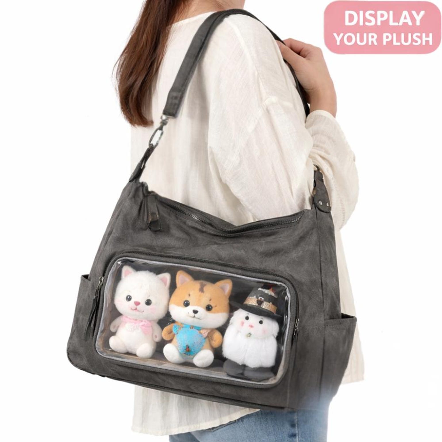 Black Kawaii Ita Shoulder Bag with Clear Window for Plushies and Pins Black Kawaii Ita Shoulder Bag with Clear Window for Plushies and Pins — crossbody ita bag detail view