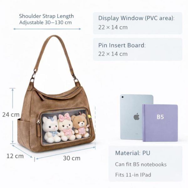 Black Kawaii Ita Shoulder Bag with Clear Window for Plushies and Pins — crossbody ita bag detail view