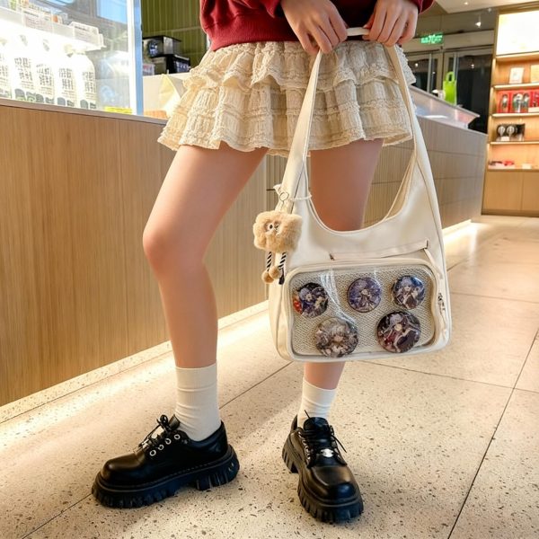 Black Kawaii Ita Shoulder Bag with Clear Window for Plushies and Pins — crossbody ita bag detail view