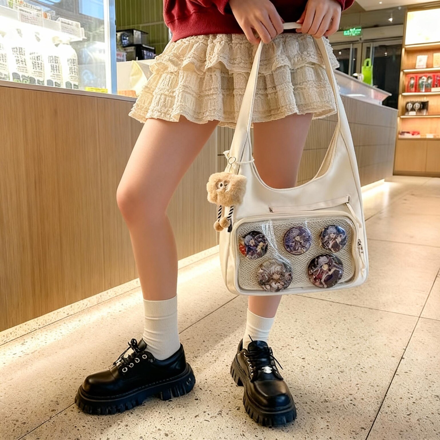 Black Kawaii Ita Shoulder Bag with Clear Window for Plushies and Pins Black Kawaii Ita Shoulder Bag with Clear Window for Plushies and Pins — crossbody ita bag detail view