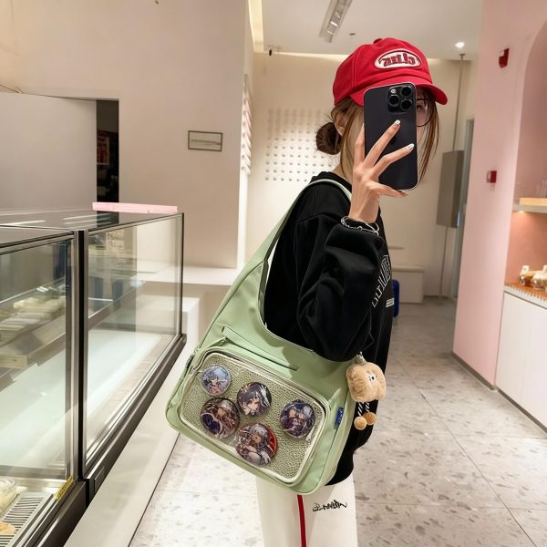 Black Kawaii Ita Shoulder Bag with Clear Window for Plushies and Pins — crossbody ita bag with clear display window