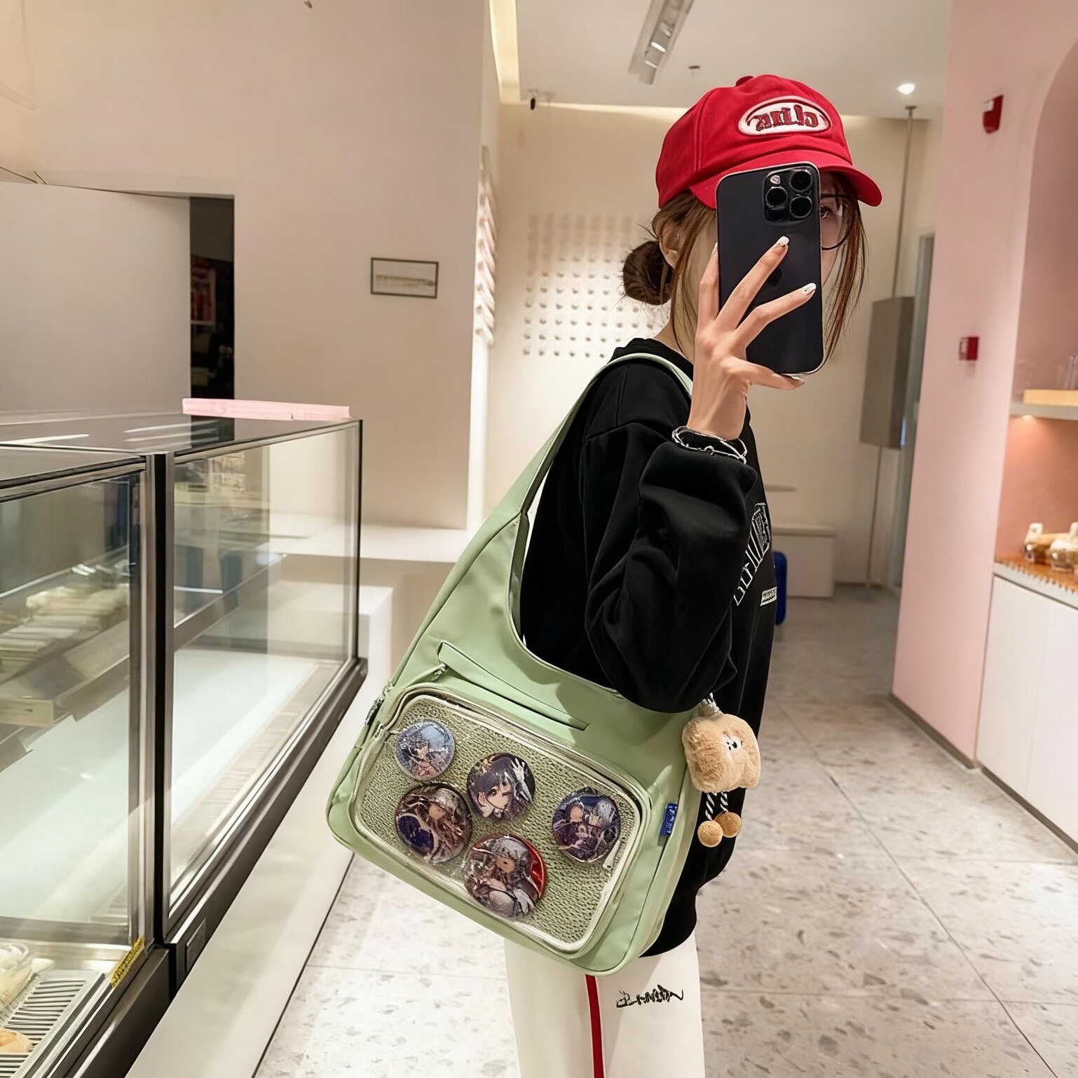 Black Kawaii Ita Shoulder Bag with Clear Window for Plushies and Pins Black Kawaii Ita Shoulder Bag with Clear Window for Plushies and Pins — crossbody ita bag with clear display window