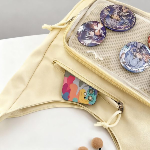 Black Kawaii Ita Shoulder Bag with Clear Window for Plushies and Pins — crossbody ita bag detail view