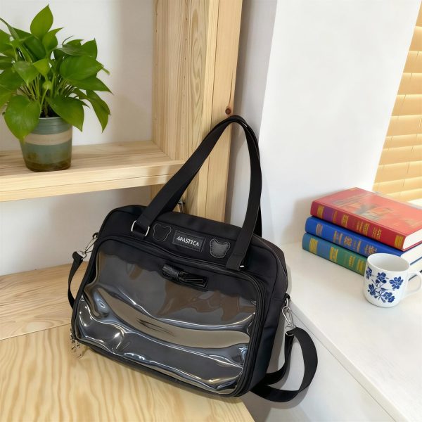 Black Kawaii Ita Tote Bag with Clear Window for Plushies and Pins — ita tote bag detail view