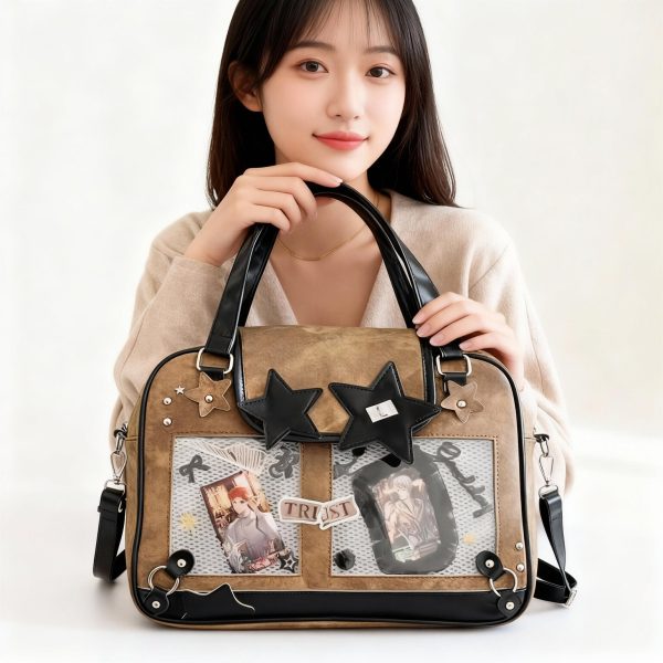 Black Kawaii Ita Tote Bag with Clear Window for Plushies and Pins — ita tote bag detail view