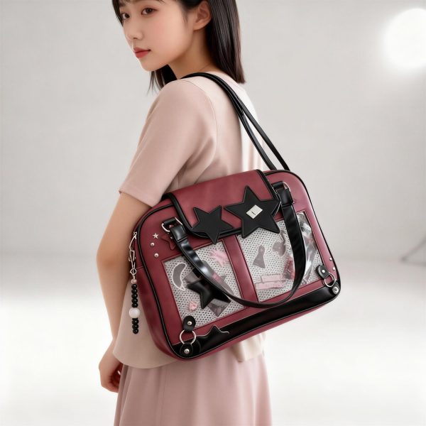 Black Kawaii Ita Tote Bag with Clear Window for Plushies and Pins — ita tote bag detail view