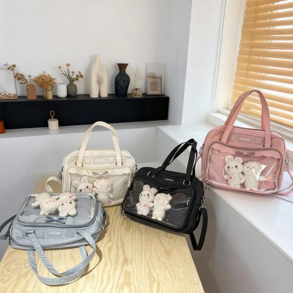 Black Kawaii Ita Tote Bag with Clear Window for Plushies and Pins — ita tote bag with clear display window