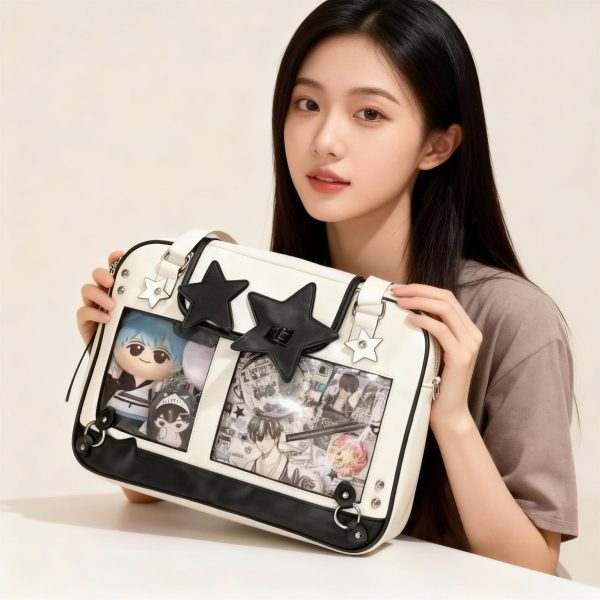 Black Kawaii Ita Tote Bag with Clear Window for Plushies and Pins — ita tote bag detail view