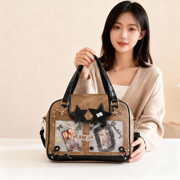 Black Kawaii Ita Tote Bag with Clear Window for Plushies and Pins — ita tote bag detail view