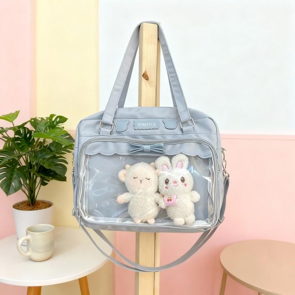 Black Kawaii Ita Tote Bag with Clear Window for Plushies and Pins — ita tote bag detail view