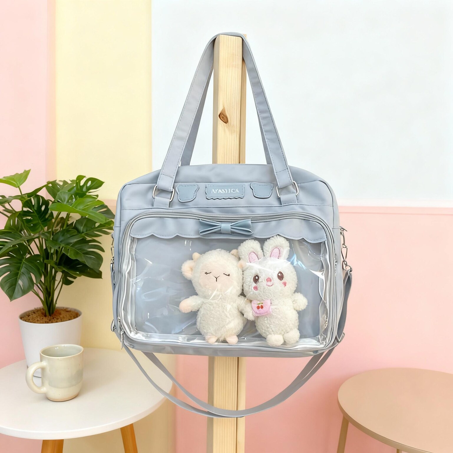 Black Kawaii Ita Tote Bag with Clear Window for Plushies and Pins Black Kawaii Ita Tote Bag with Clear Window for Plushies and Pins — ita tote bag detail view