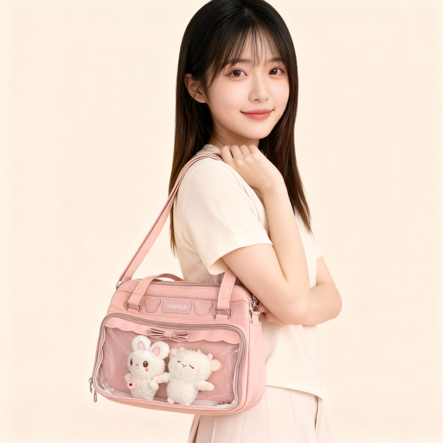 Black Kawaii Ita Tote Bag with Clear Window for Plushies and Pins Black Kawaii Ita Tote Bag with Clear Window for Plushies and Pins — ita tote bag detail view