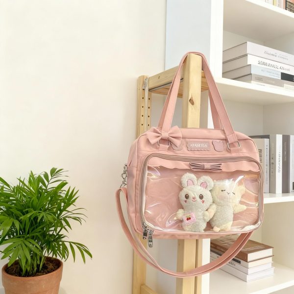 Black Kawaii Ita Tote Bag with Clear Window for Plushies and Pins — ita tote bag detail view