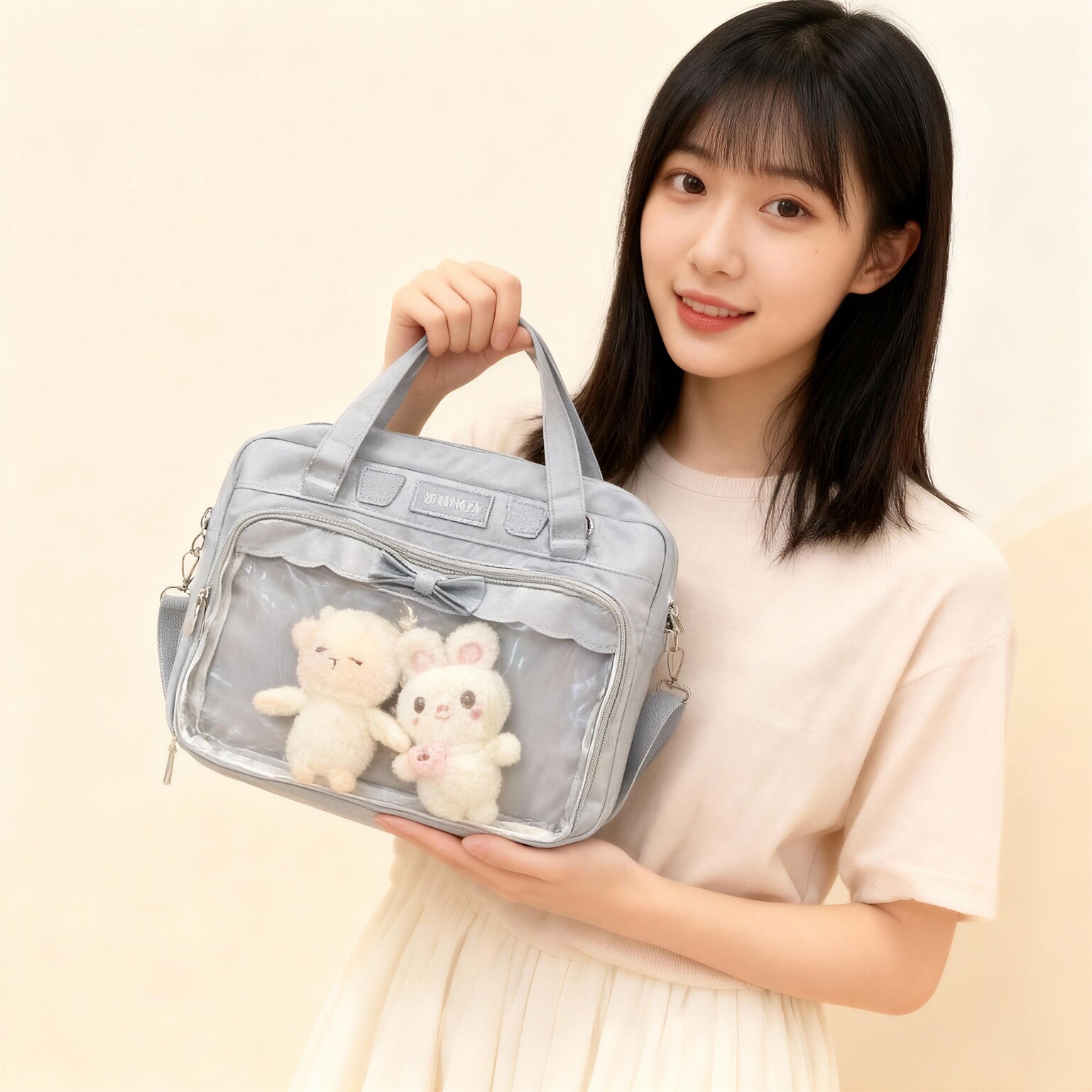 Black Kawaii Ita Tote Bag with Clear Window for Plushies and Pins Black Kawaii Ita Tote Bag with Clear Window for Plushies and Pins — ita tote bag detail view