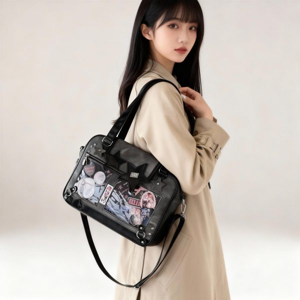 Black Kawaii Ita Tote Bag with Clear Window for Plushies and Pins — ita tote bag with clear display window