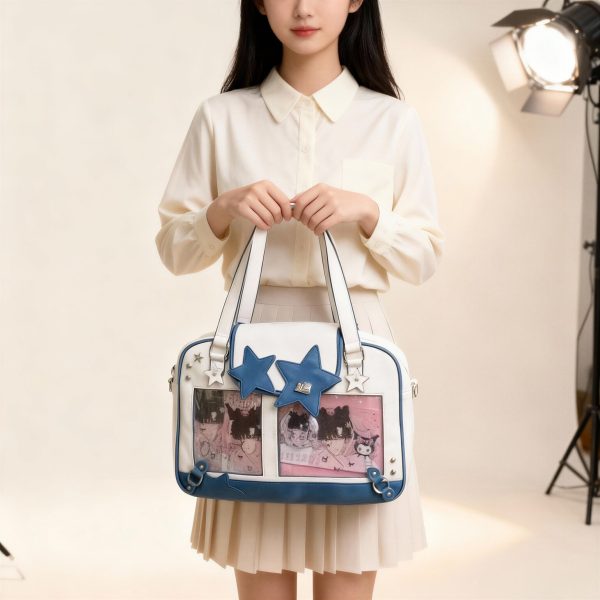 Black Kawaii Ita Tote Bag with Clear Window for Plushies and Pins — ita tote bag detail view