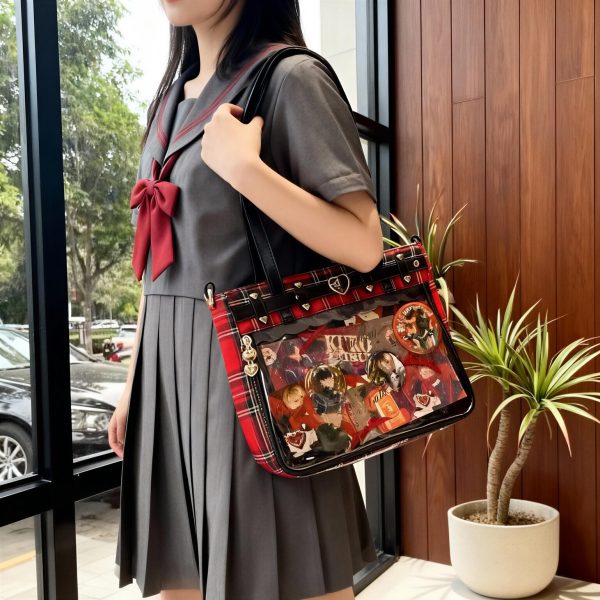 Black Kawaii Plaid Ita Shoulder Bag for Photocards and Pins — crossbody ita bag detail view
