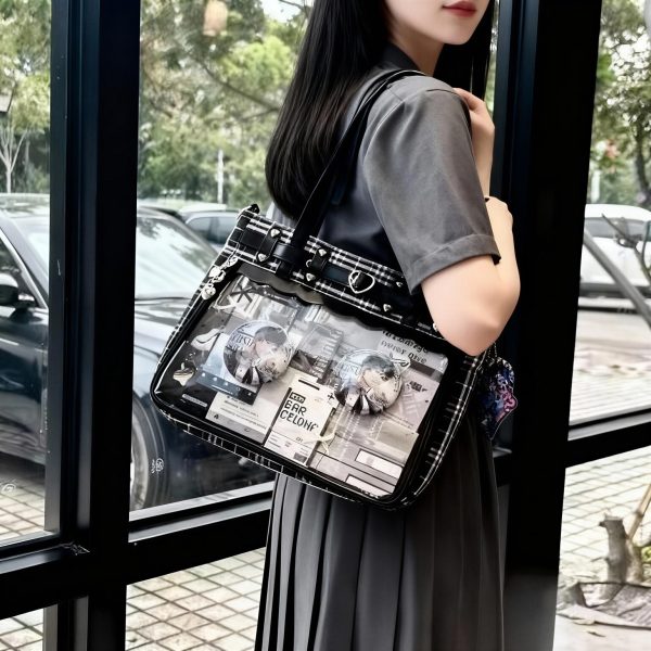 Black Kawaii Plaid Ita Shoulder Bag for Photocards and Pins — crossbody ita bag detail view