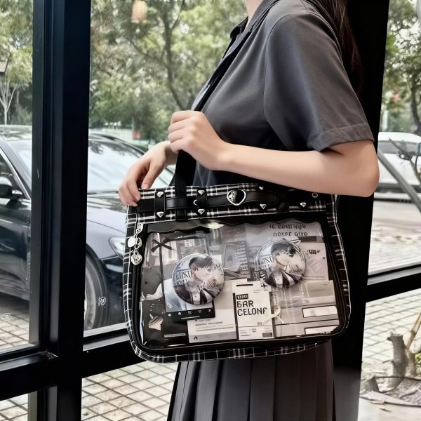 Black Kawaii Plaid Ita Shoulder Bag for Photocards and Pins — crossbody ita bag detail view