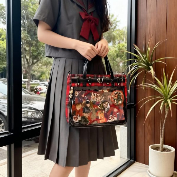 Black Kawaii Plaid Ita Shoulder Bag for Photocards and Pins — crossbody ita bag detail view