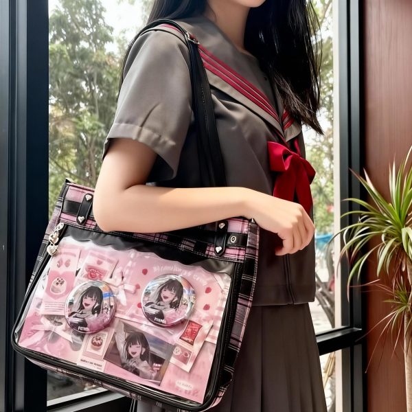 Black Kawaii Plaid Ita Shoulder Bag for Photocards and Pins — crossbody ita bag with clear display window