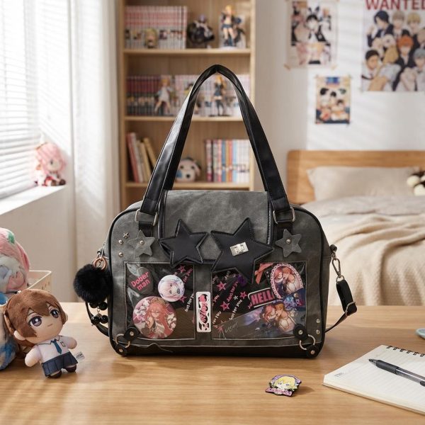 Black Kawaii Star Convertible Ita Bag with Clear Window for Photocards and Pins — ita bag detail view