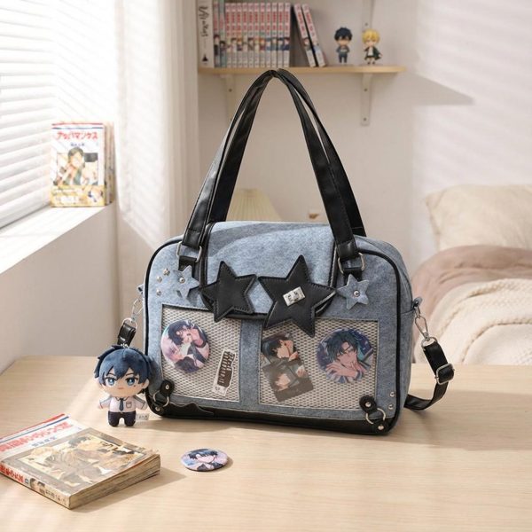 Black Kawaii Star Convertible Ita Bag with Clear Window for Photocards and Pins — ita bag detail view