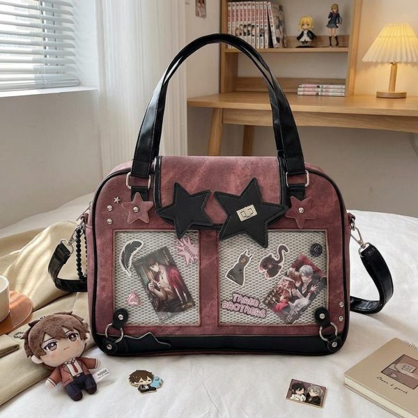 Black Kawaii Star Convertible Ita Bag with Clear Window for Photocards and Pins — ita bag with clear display window