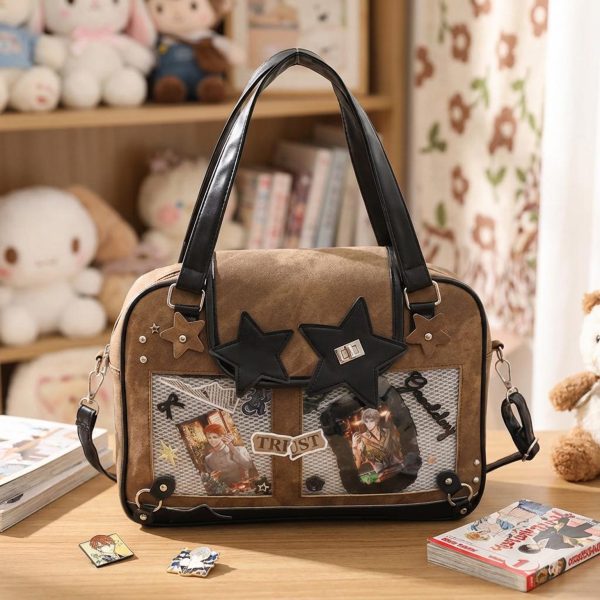 Black Kawaii Star Convertible Ita Bag with Clear Window for Photocards and Pins — ita bag detail view