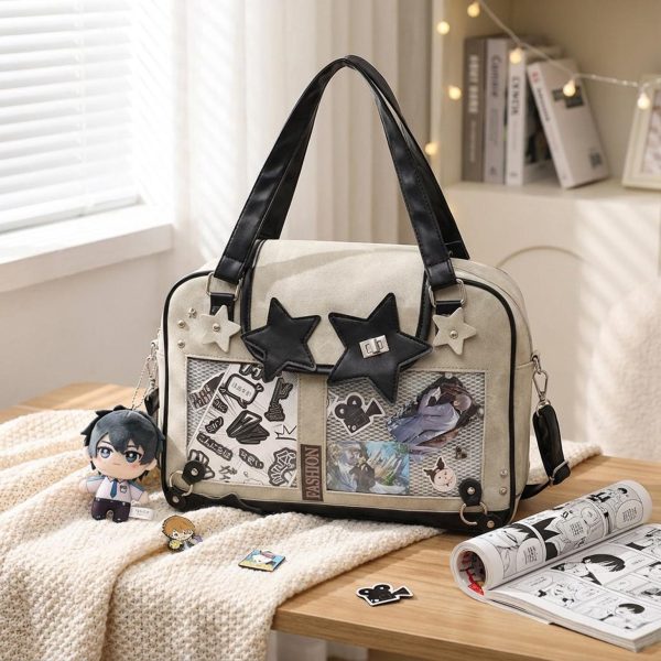 Black Kawaii Star Convertible Ita Bag with Clear Window for Photocards and Pins — ita bag detail view