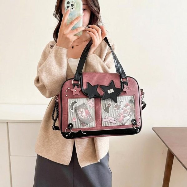 Black Kawaii Star Convertible Ita Bag with Clear Window for Photocards and Pins — ita bag detail view
