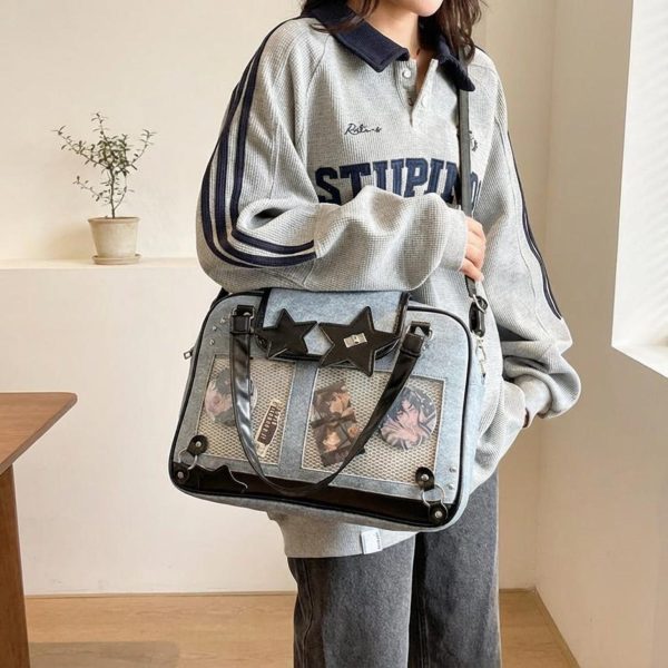 Black Kawaii Star Convertible Ita Bag with Clear Window for Photocards and Pins — ita bag detail view