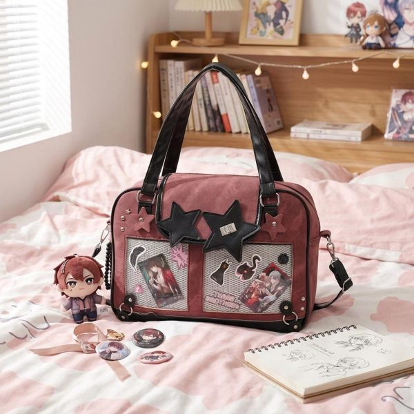 Black Kawaii Star Convertible Ita Bag with Clear Window for Photocards and Pins — ita bag detail view