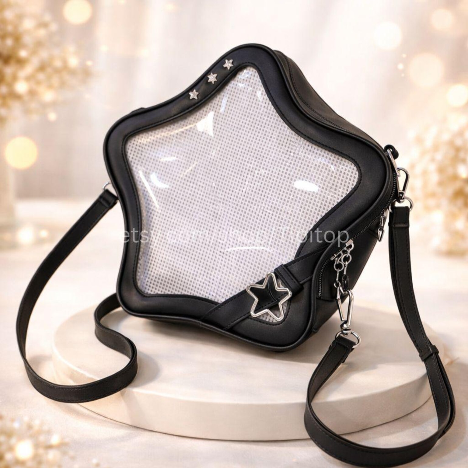 Black Kawaii Star Convertible Ita Bag with Clear Window for Pin Display Black Kawaii Star Convertible Ita Bag with Clear Window for Pin Display — ita bag detail view